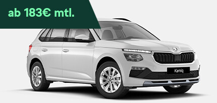 Ein wei&szlig;er Skoda Kamiq Selection parkend in der Dreiviertelansicht von vorne