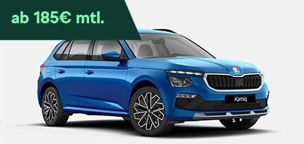 Ein blauer Skoda Kamiq Balance in der Dreiviertelansicht von vorne