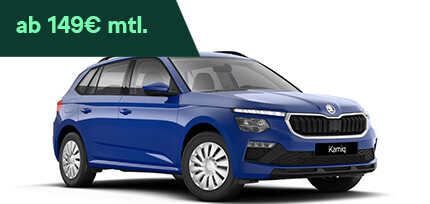 Ein blauer Skoda Kamiq Essence in der Dreiviertelansicht von vorne parkend auf einem Platz