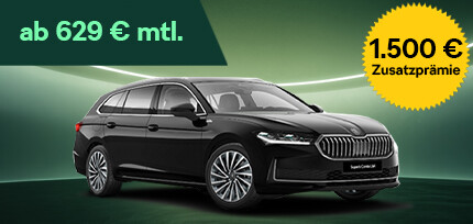 Ein Skoda Superb Combi L&K in schwarz in der Dreiviertelansicht von vorne