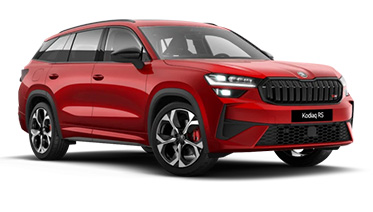 Ein roter Skoda Kodiaq RS in der Dreiviertelansicht von vorne