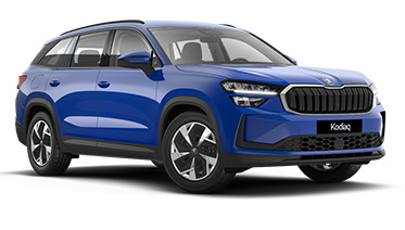 Ein blauer Skoda Kodiaq Selection in der Dreiviertelansicht von vorne