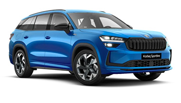 Ein blauer Skoda Kodiaq Sportline in der Dreiviertelansicht von vorne