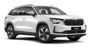 Ein wei&szlig;er Skoda Kodiaq iV in der Dreiviertelansicht von vorne