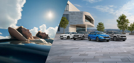 Die &Scaron;koda Balance Sondermodelle in der Dreiviertelansicht von vorne parkend nebeneinander mit einer Detailaufnahme von zwei Menschen daneben, die sich im Liegen entspannen