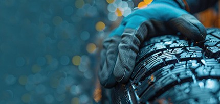 Autoreifen vor bl&uuml;henden B&auml;umen